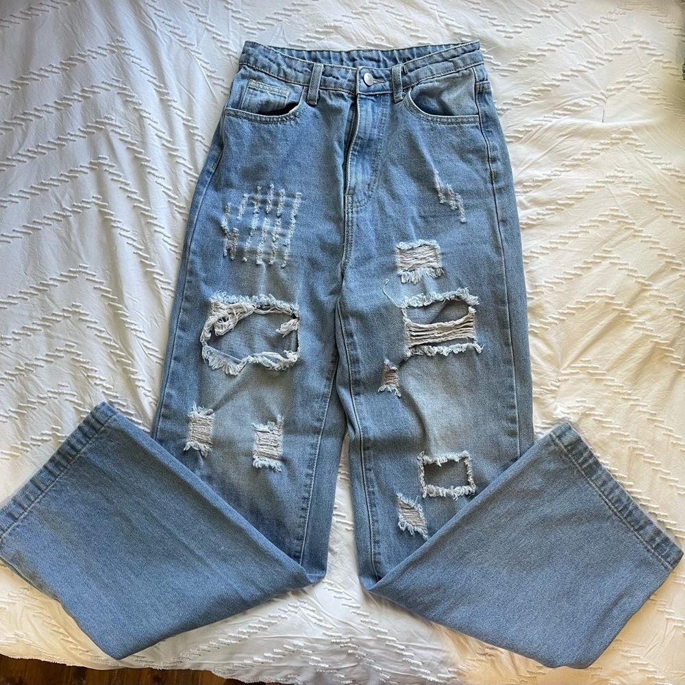 WOMENS RIPPED WIDE LEG JEANS